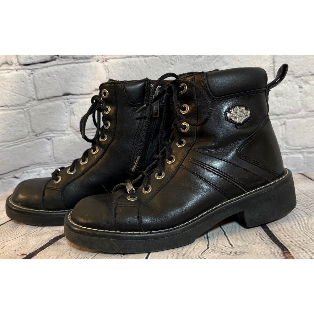 Harley-Davidson Womens Black Leather Moto Boots Lace Up Side Zip Size 8
